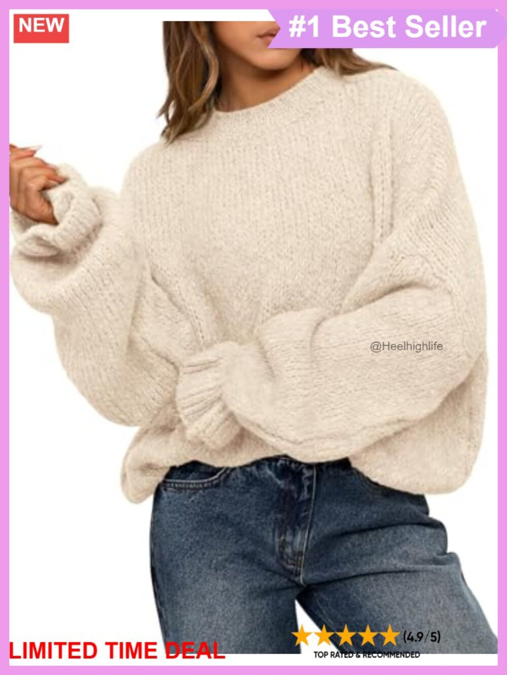 Oversized Chunky Knit Crew Neck Ruffle Cuff Pullover Sweater